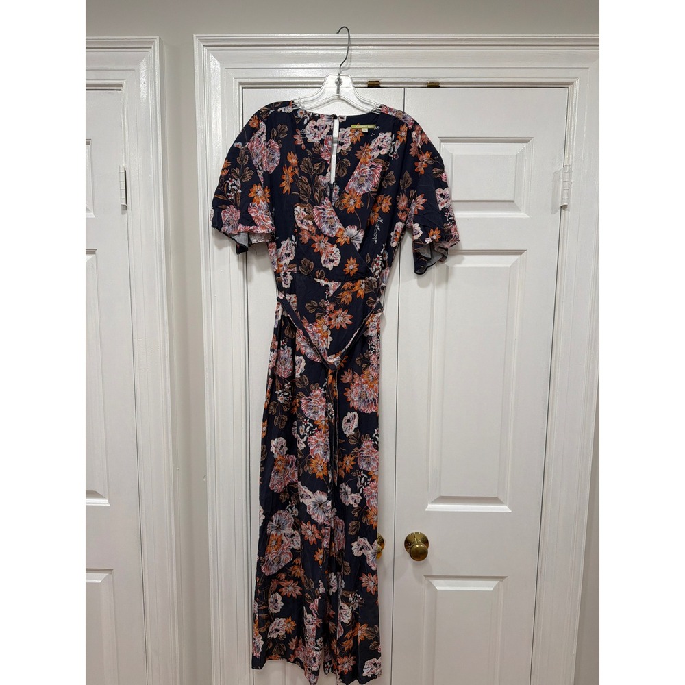 Gianni Bini Navy Floral Wide Leg Jumpsuit Flutter Sleeve Faux Wrap Size 4